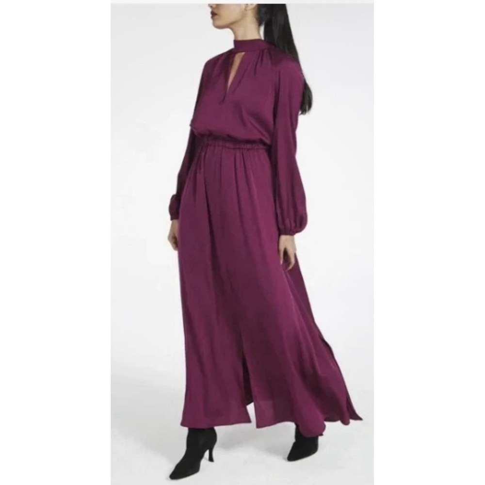 Milly Maxi Dress Womens 2 Plum Purple Excellent Satin Mock Neck Keyhole Tie Back
